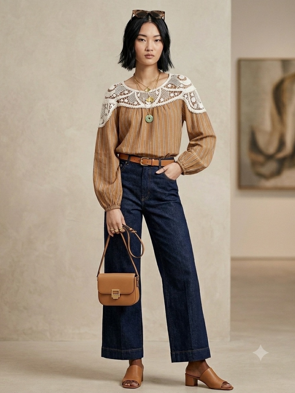 Zara Tan Pinstripe Blouse with White Crochet Yoke
